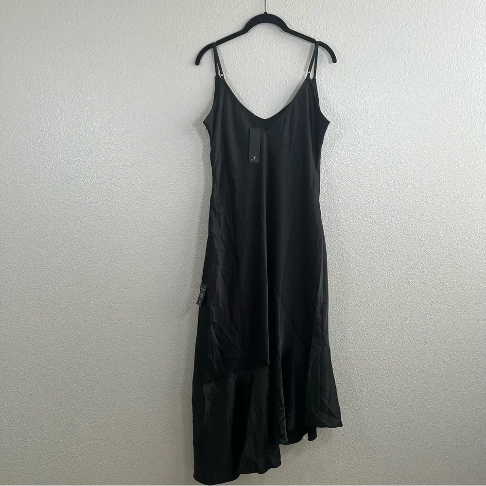 NWT Lulus Strictly Romance Black Satin Asymmetrical Tiered Midi Dress XL - Picture 5 of 7